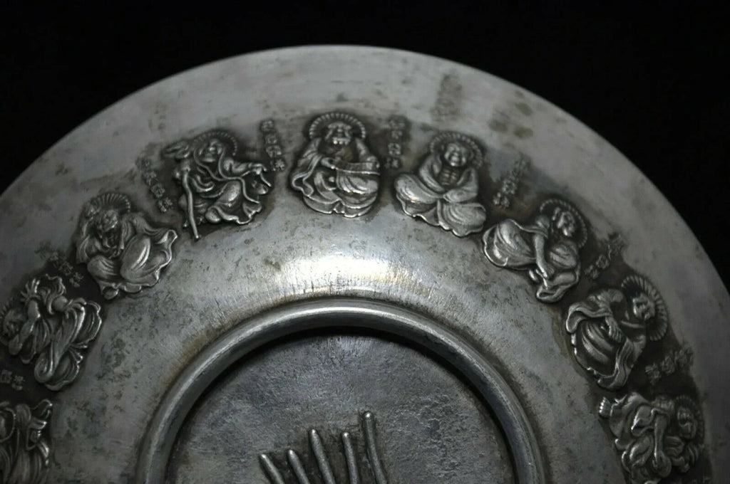 Old Tibetan Silver Lohan Plate – Buddhist Temple Figure Dish