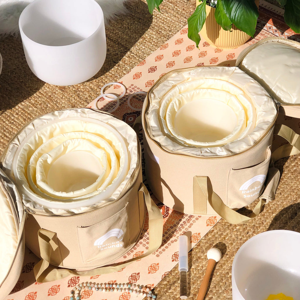 Set of 3 White Sound Therapy Bowls in Beige Case Dispatch May 18th