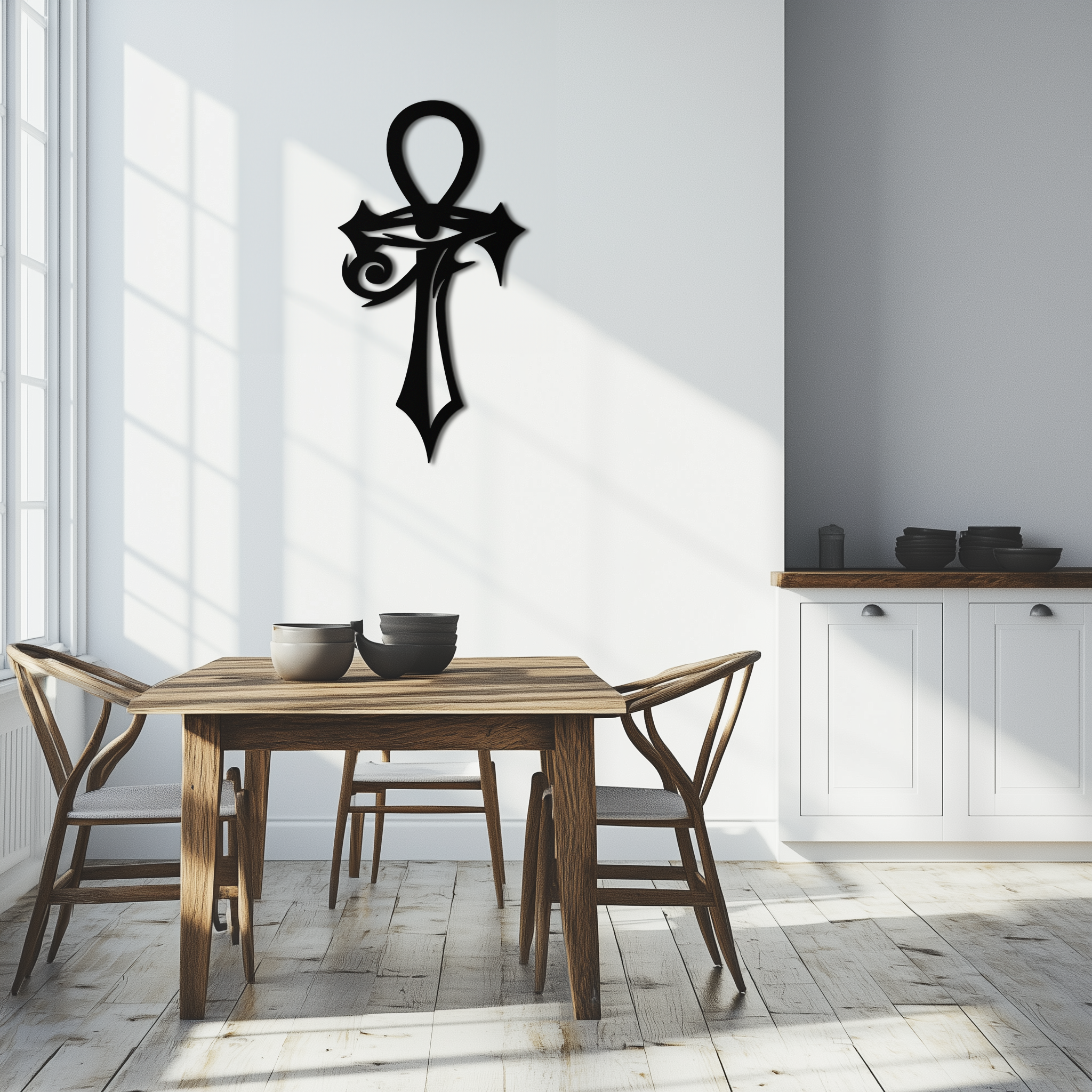 Egyptian Ankh Cross with Eye of Horus Metal Wall Art – Spiritual Symbol Black Wall Decor- KAF557