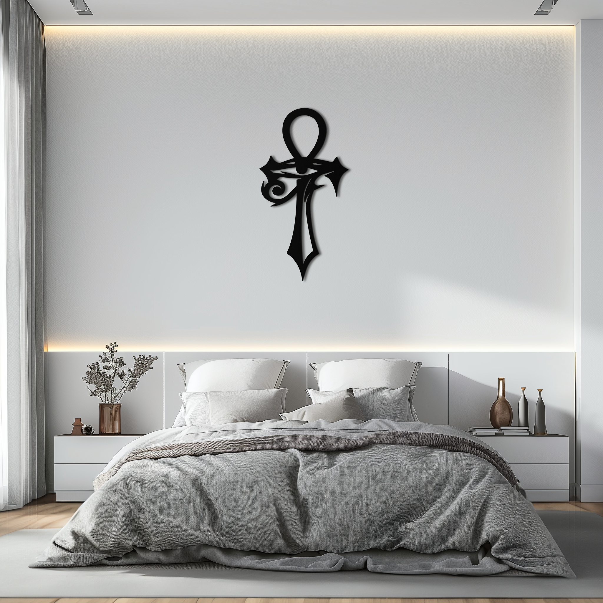 Egyptian Ankh Cross with Eye of Horus Metal Wall Art – Spiritual Symbol Black Wall Decor- KAF557