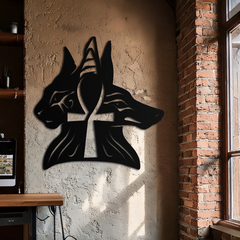 Egyptian Cat and Jackal Metal Wall Art – Ankh Cross Black Wall Decor- KAF558