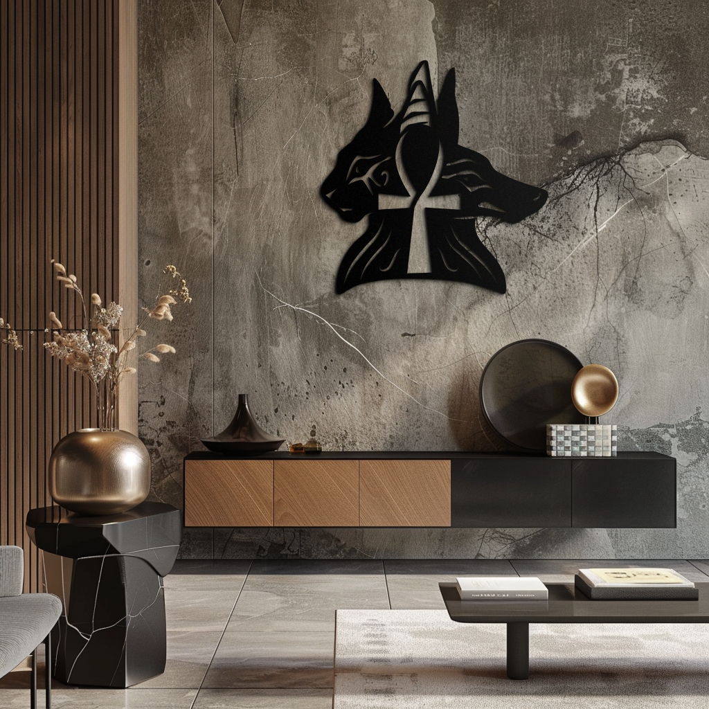 Egyptian Cat and Jackal Metal Wall Art – Ankh Cross Black Wall Decor- KAF558