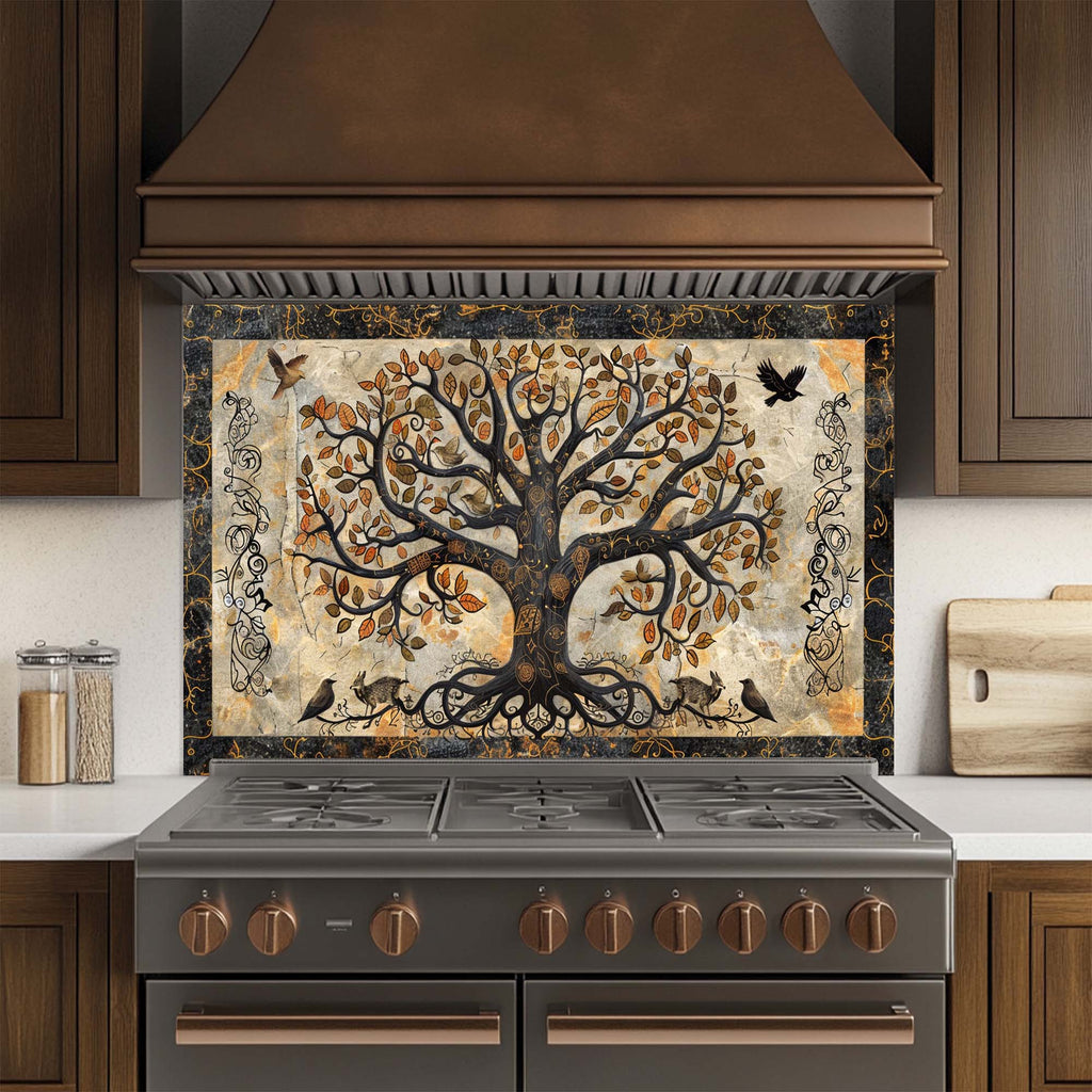Mystic Grove – Tempered Glass Backsplash for Kitchen | Tree of Life Fantasy Forest Backsplash