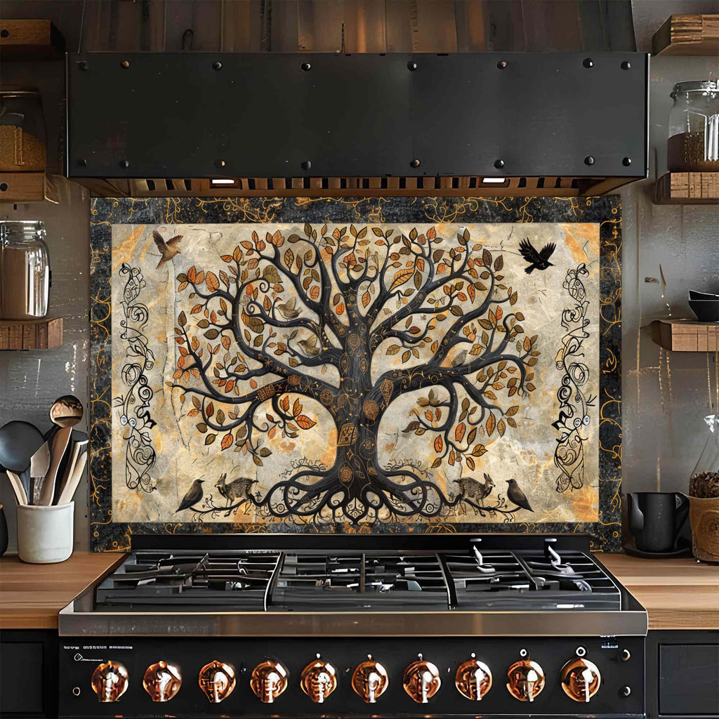Mystic Grove – Tempered Glass Backsplash for Kitchen | Tree of Life Fantasy Forest Backsplash