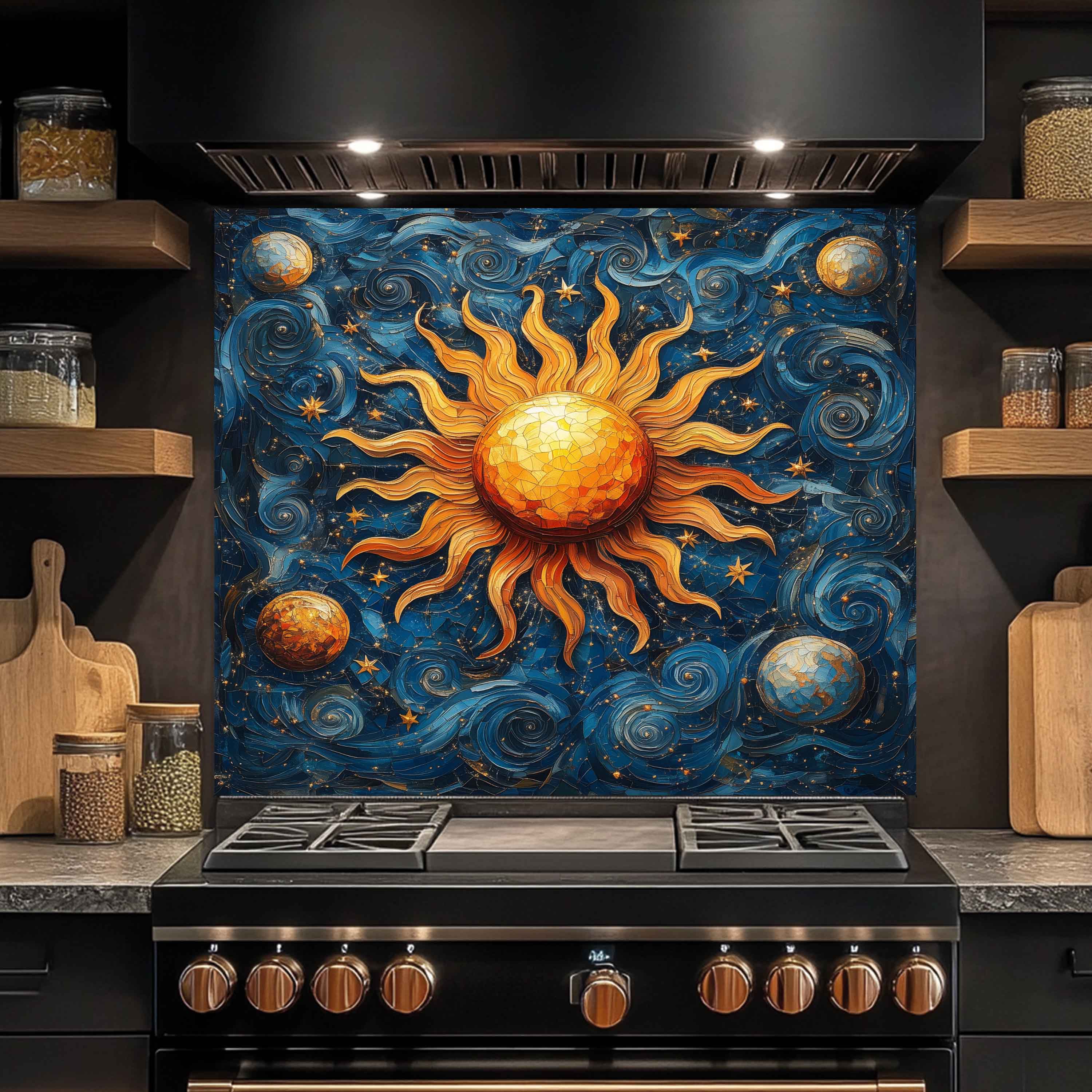 Solar Waltz Tempered Glass Backsplash – Cosmic Sun and Galaxy Kitchen Splashback