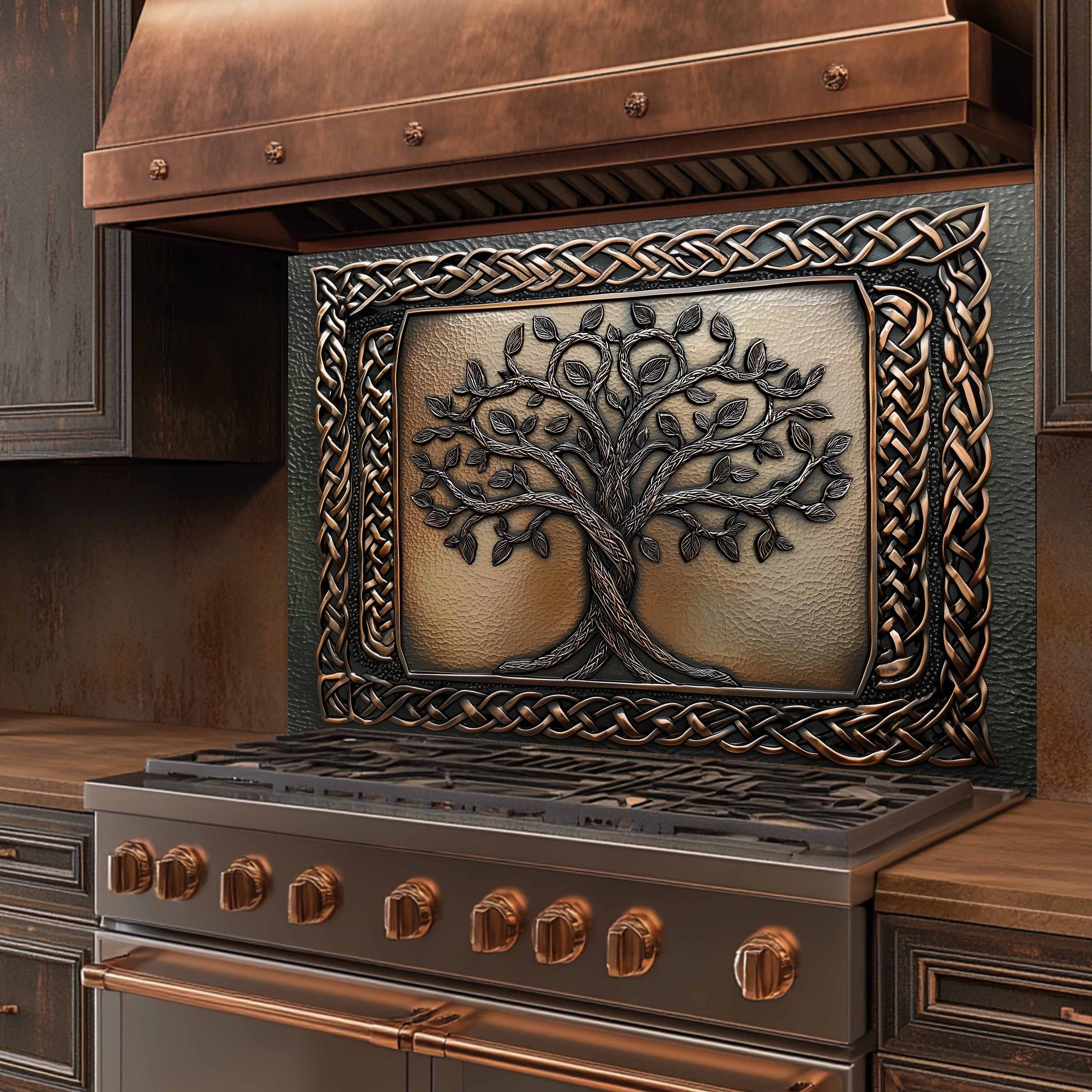 Custom Kitchen Backsplash – Celtic Roots Tempered Glass Stove Backsplash
