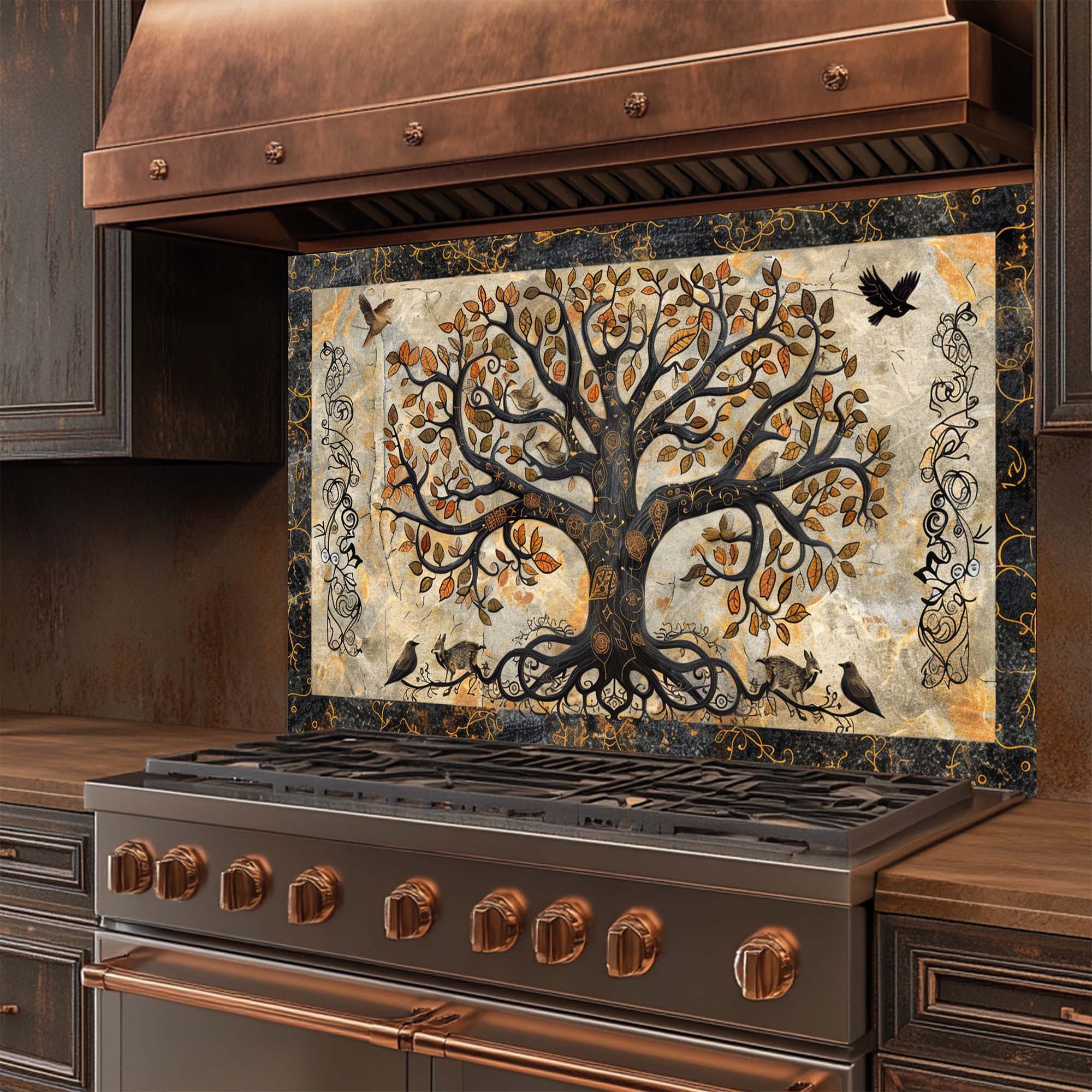 Mystic Grove – Tempered Glass Backsplash for Kitchen | Tree of Life Fantasy Forest Backsplash