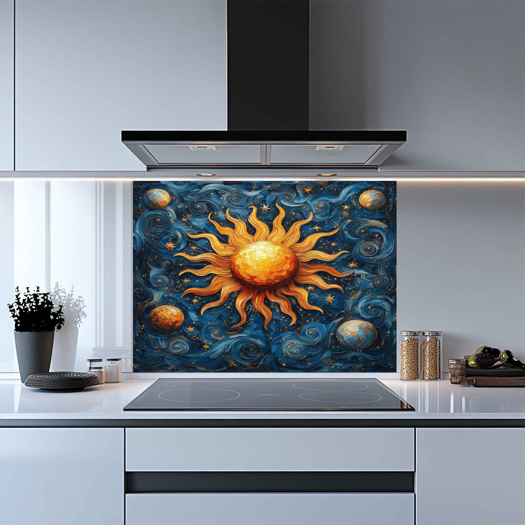 Solar Waltz Tempered Glass Backsplash – Cosmic Sun and Galaxy Kitchen Splashback