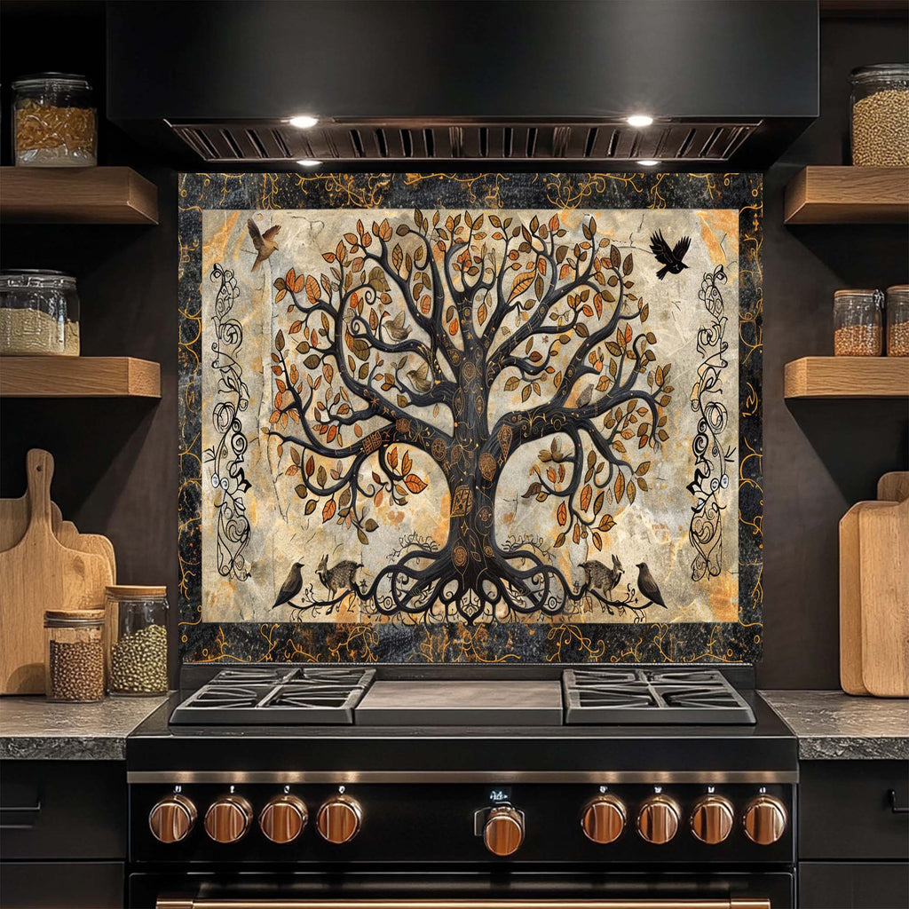 Mystic Grove – Tempered Glass Backsplash for Kitchen | Tree of Life Fantasy Forest Backsplash