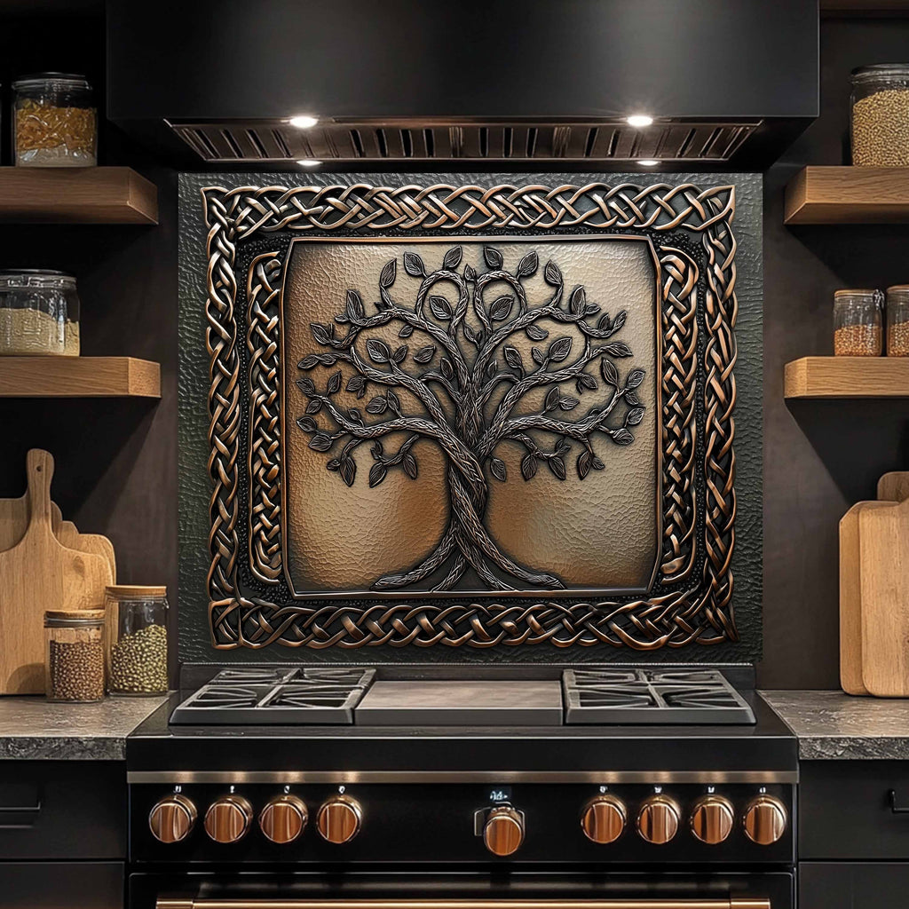 Custom Kitchen Backsplash – Celtic Roots Tempered Glass Stove Backsplash