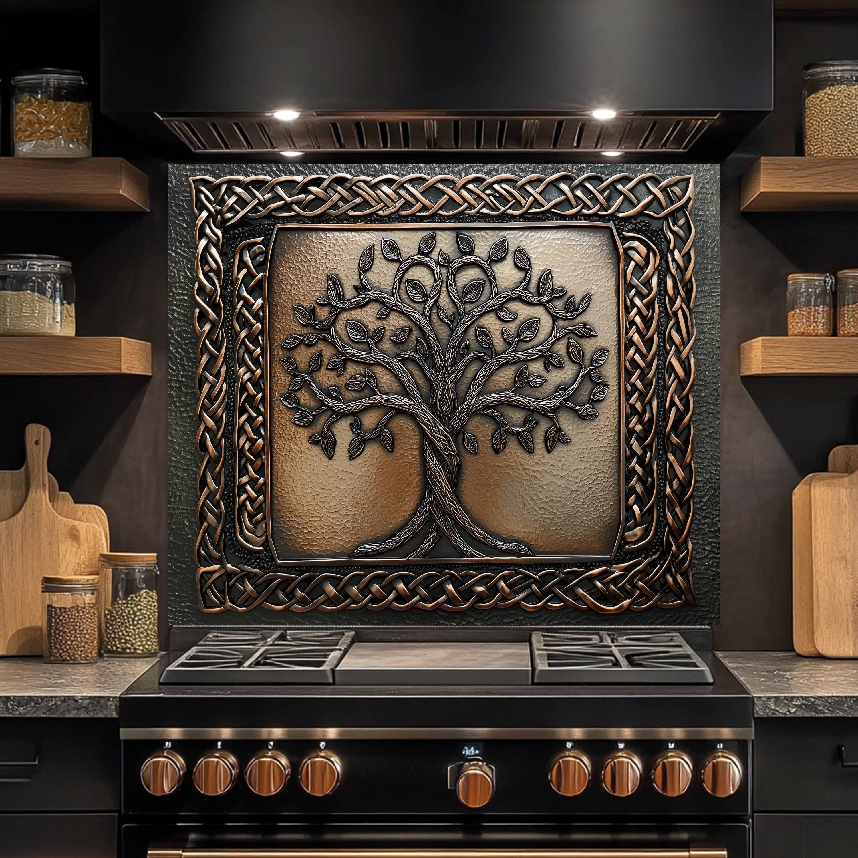 Custom Kitchen Backsplash – Celtic Roots Tempered Glass Stove Backsplash